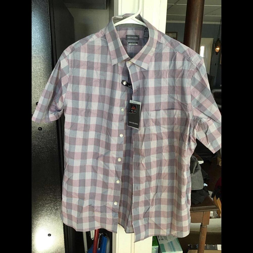 Men can heusen short sleeve slim fit dress shirt, never tuck length, medium new